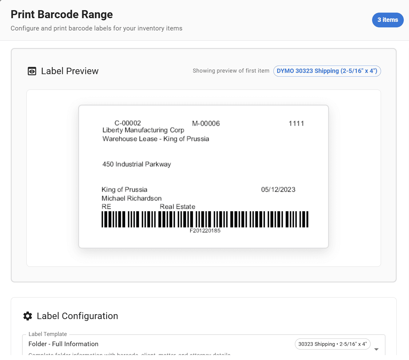 FastTrack barcode label print screen showing a generated label preview with client, matter, and folder details plus a scannable barcode