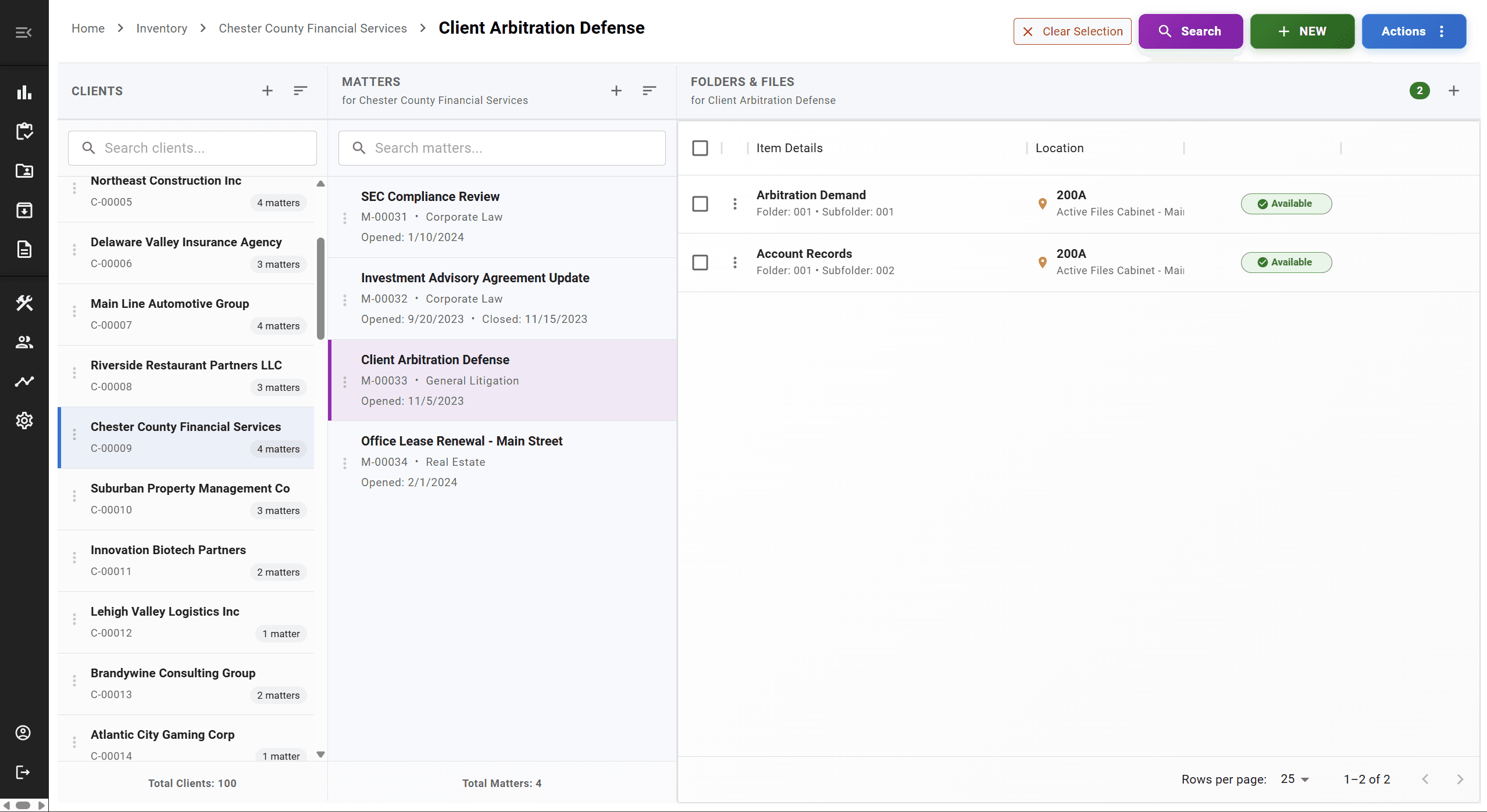 FastTrack inventory screen showing unified view of physical and digital files with location tracking and document linking