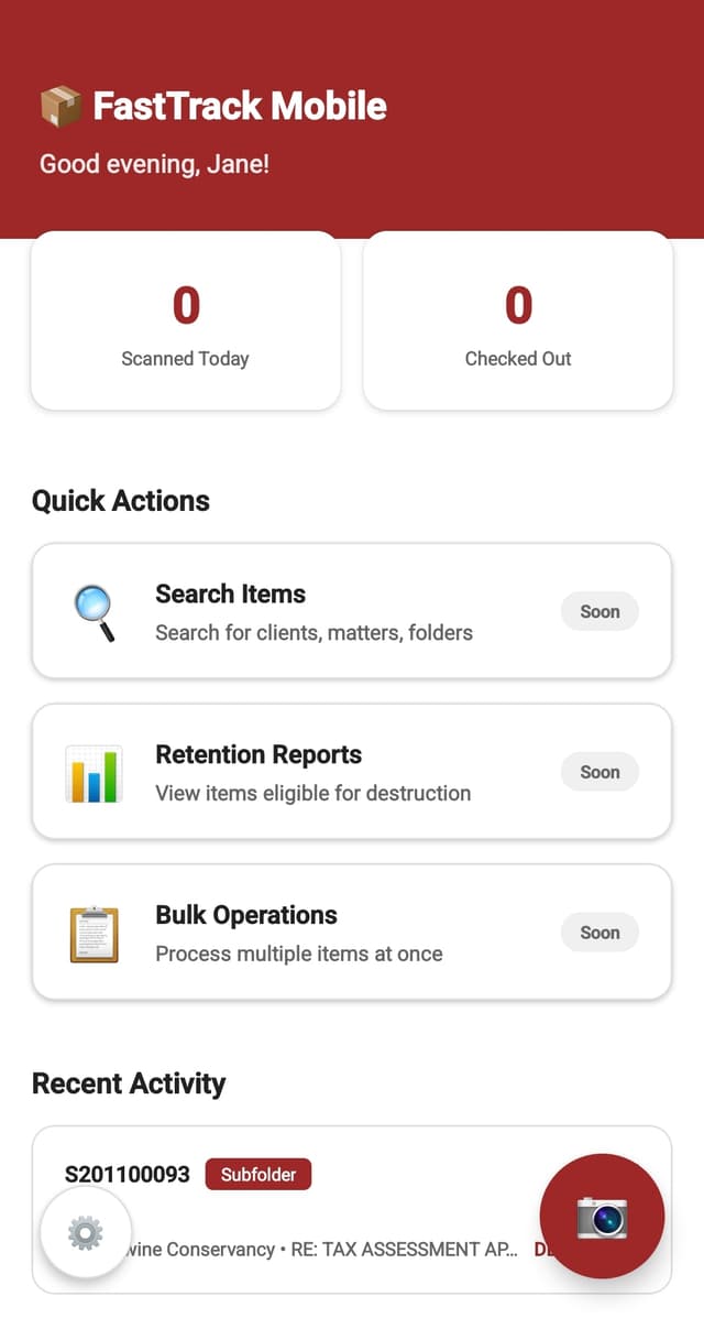 FastTrack mobile dashboard showing file search, recent activity, and quick access to records management features
